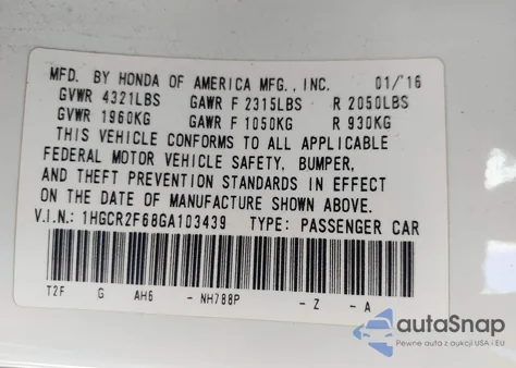 2016 Honda Accord Sport из США, поврежденный, VIN 1HGCR2F68GA103439